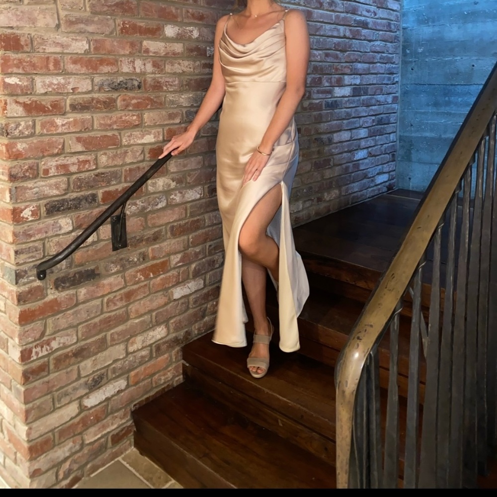 Revelry gold champagne bridesmaids dress in the style Skye